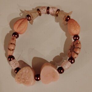 Handmade Bracelet Mix Media Beads Glass Acrylic Pink Brown Tones Elastic
